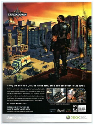 PRINT AD, 2007 XBOX 360 Crackdown Microsoft Realtime Worlds Justice Y2K Gaming