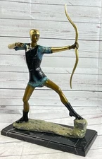 Art Deco 100% Solid BRONZE Male Archer Sculpture signed Lowe Marble Base Gift