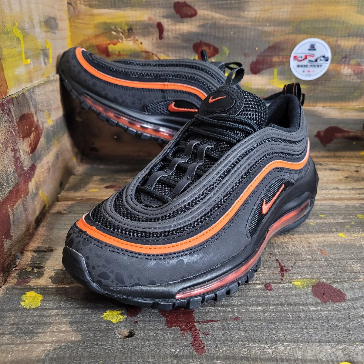 Nike Air Max 97 Black Safety Orange Retro Running Shoes Size 5.5Y/W7 New