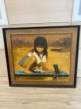 Vintage 1950s Painting Asian Girl Artist Painting Water Boat FRAMED 29x25” MCM