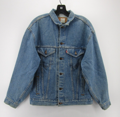 VINTAGE Levis Trucker Jacket Men XL Blue Moto 80s Red Batwing