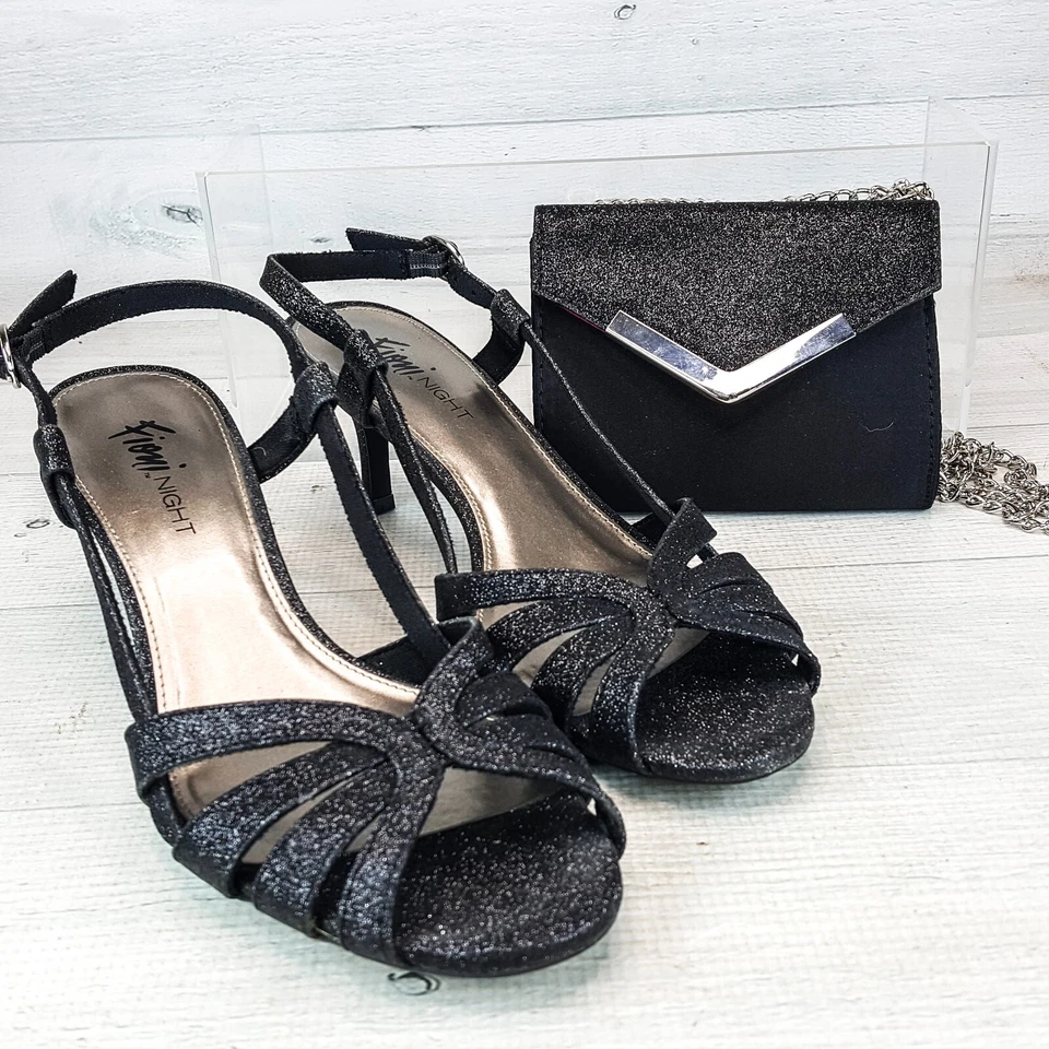 Fioni Negro Brillo Elegante Negro Tacón Eslinga Espalda Sandalia Talla 9 con Conjunto de Bolso de Noche Foto 2 de 4