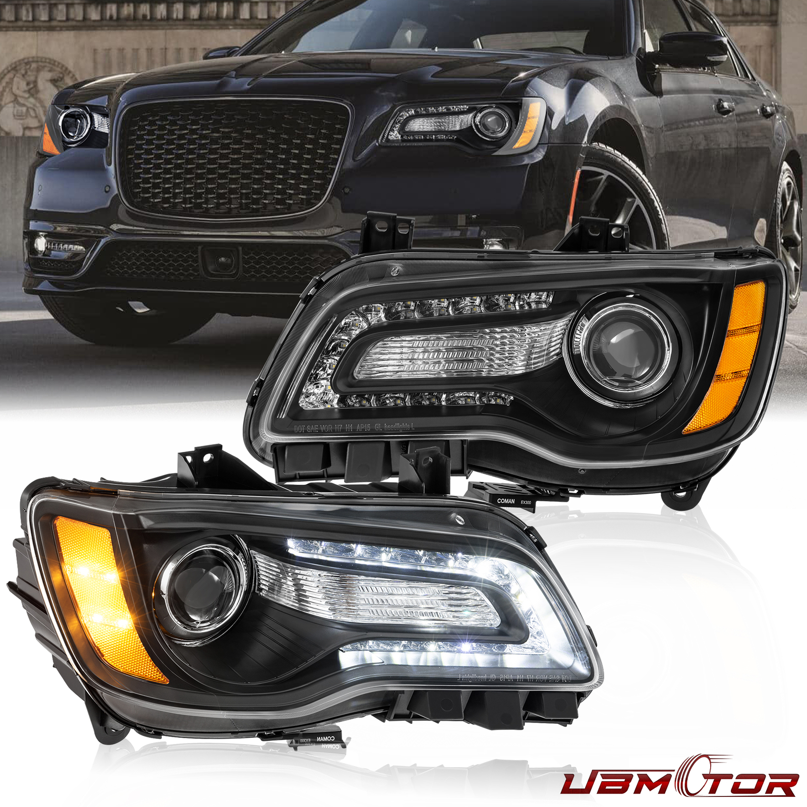 For 2011-2023 Chrysler 300 Black LED DRL Projector Headlights Driver & Passenger