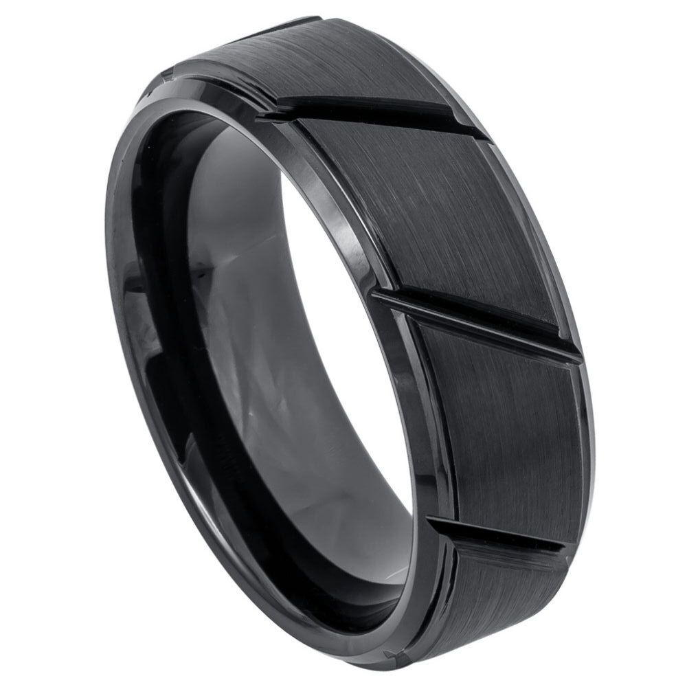 Tungsten Ring Band Black IP Plated Multiple Diagonal For Men & Women