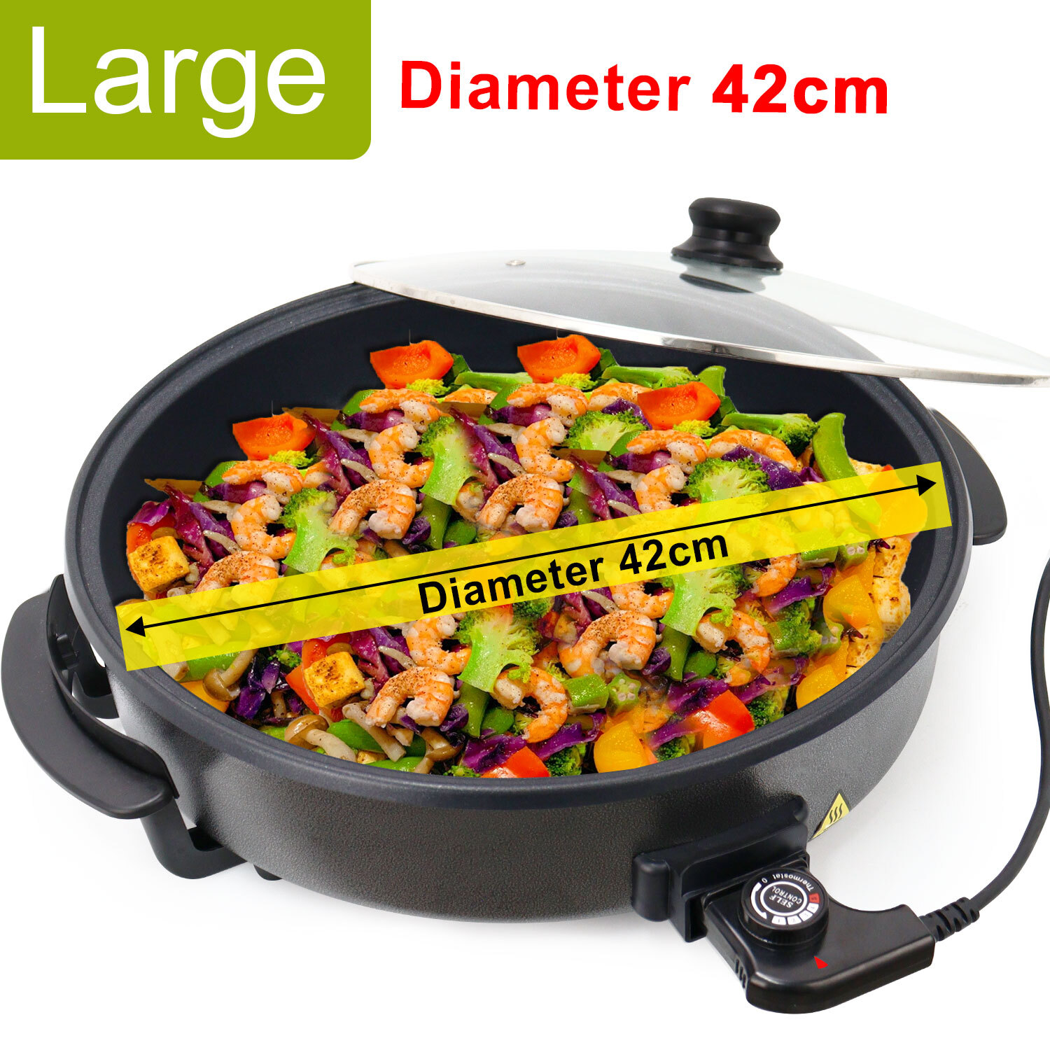 Elektrische Multipfanne 42x8 cm 1500W, Elektropfannen Pizzapfanne mit Deckel