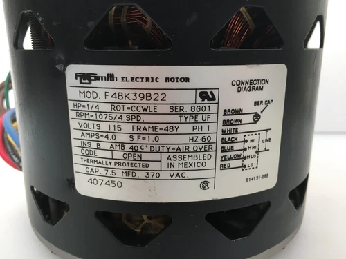 A.O. Smith F48K39B22 115V 1075 RPM 4 Spd 1/4 HP Blower Motor 407450 - Picture 2 of 2