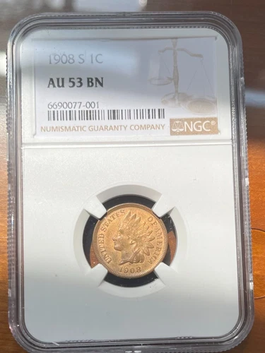 1908 S Indian Head Cent  NGC AU53 Brown    (some Red looks UNC)  Very nice coin