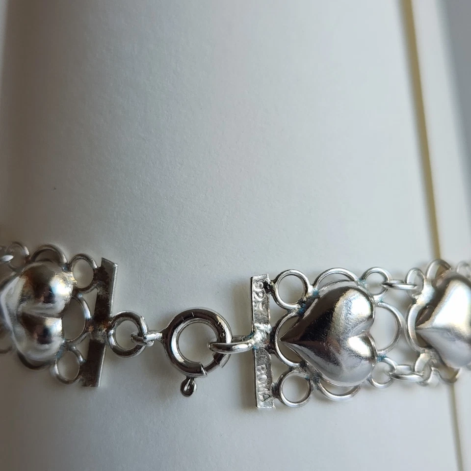 Sterling Silver Puffed Heart & Filigree Tennis Bracelet 7.25" 8.7g Vintage Boma - Image 3 of 4