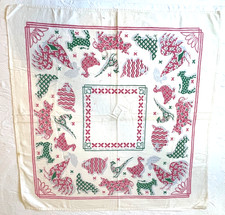 Vintage Scarf Kerchief Animal Motifs 26.5" x 26" Greens Pinks Grays Farm Animals