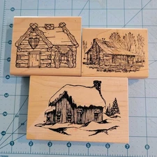 Lot Of 3 LOG CABIN Wood Rubber Stamps Snow Big Bear Stampa Rosa DOTS NEW