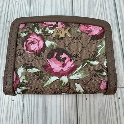 Anne Klein Small Curved Wallet Mink Brown Pink Floral Monogram AKW1338 NEW