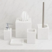 5 Piece Bathroom Accessories Set Complete | Faux Marble and White Bathroom Ac...