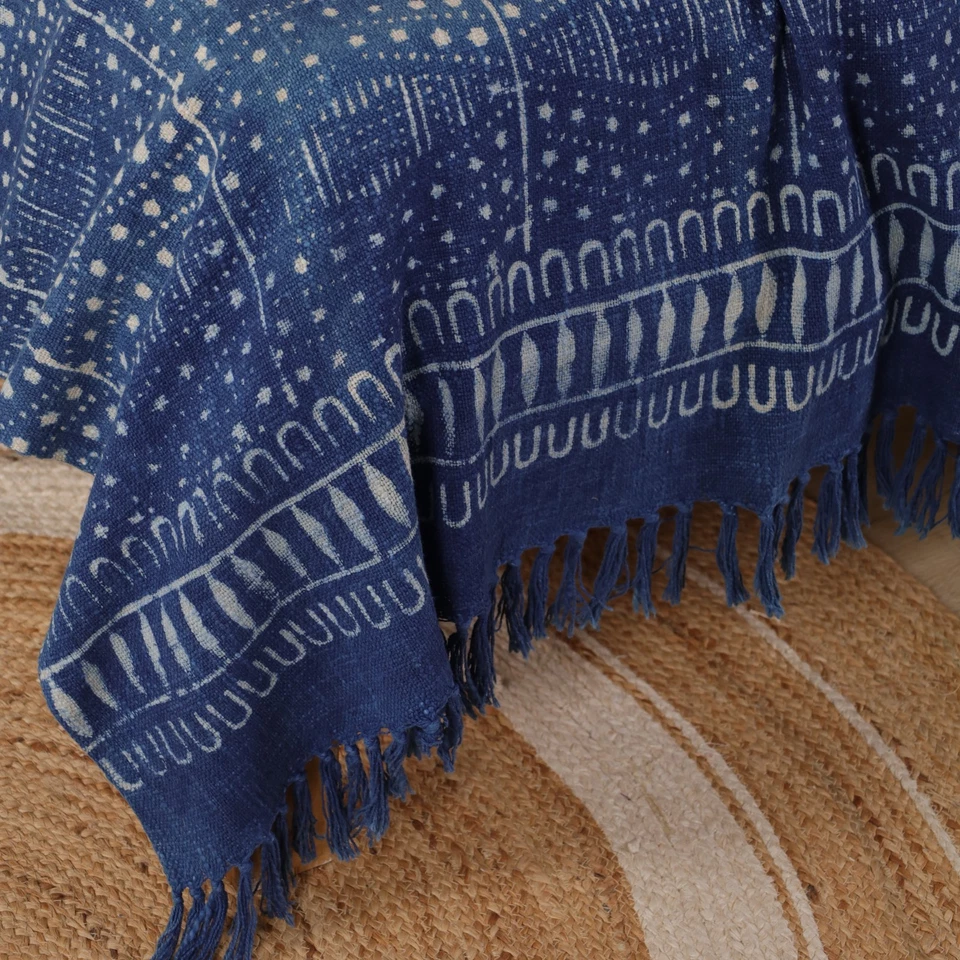 Bohemian Indigo Blue Blanket Block Print Lightweight Cotton Throw for Bed Sofa - Image 2 of 4