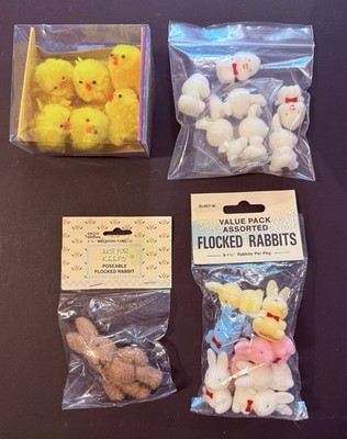 Vintage Miniature Flocked & Fuzzy Easter Bunnies & Chicks Lot ~ Craft Decor