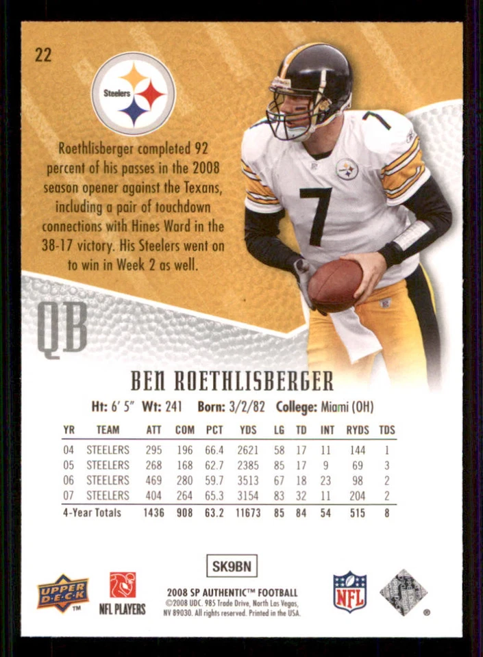 2008 SP Authentic #22 Ben Roethlisberger - Image 2 of 2