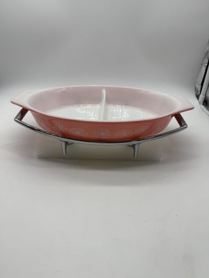 Vintage Pyrex Pink Daisy Divided Casserole Dish with Chrome Cradle VG