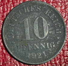 1921 GERMANY GERMAN 10 PFENNIG ZINC COIN-AGT323