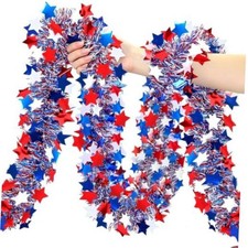 4th of July Sequin Star Garland, Red White Blue Metallic Tinsel Twist 33Ft