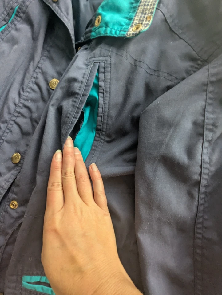 Vintage Basic Edition 80s Navy Teal Plaid Windbreaker Jacket Small Adjust Waist - Image 3 of 4