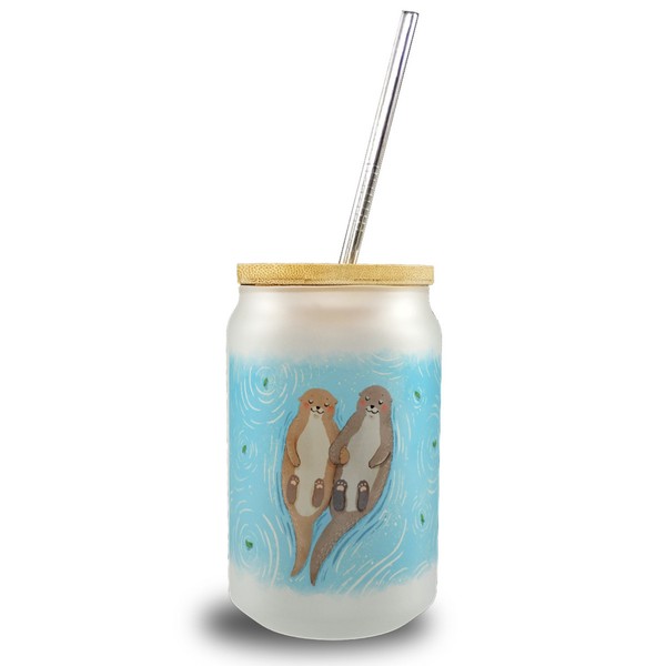 Otter Paar Trinkglas Mit Bambusdeckel Im Aquarell-Stil-image