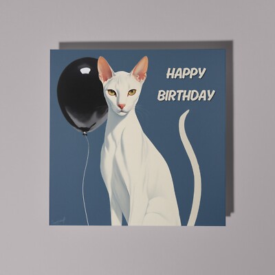 Handgefertigte elegante und anmutige weiße orientalische Katze Happy Birthday Karte & Umschlag.