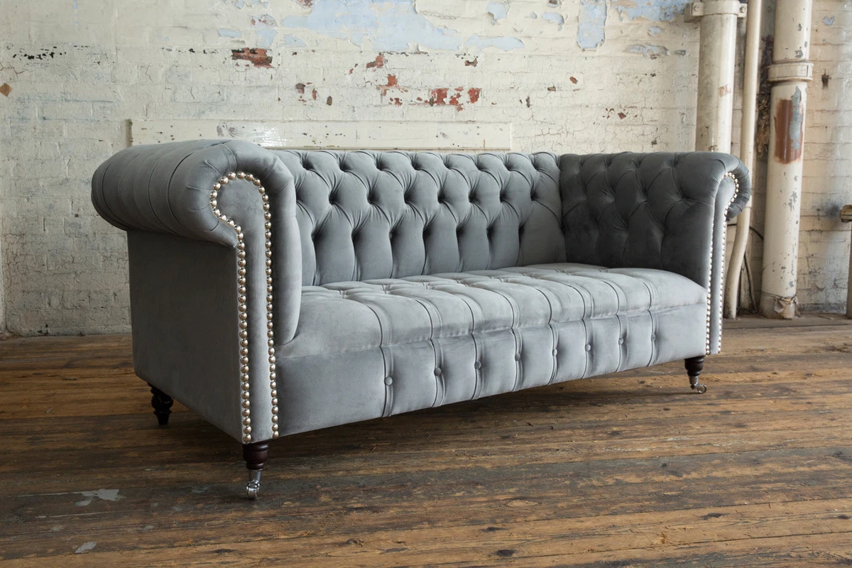 HANDMADE 3 SEATER SLATE GREY VELVET FABRIC CHESTERFIELD SOFA SETTEE