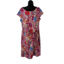 Talbots stretchy dress size X plus floral paisley red blue tie waist flattering