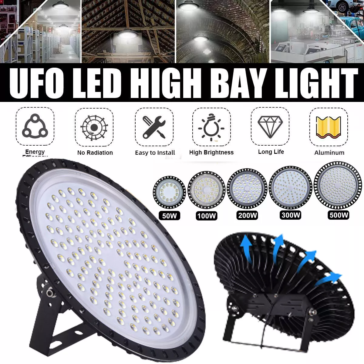 100W 200W 300W 500W UFO LED High Bay Light Factory Industrial Warehouse Lights