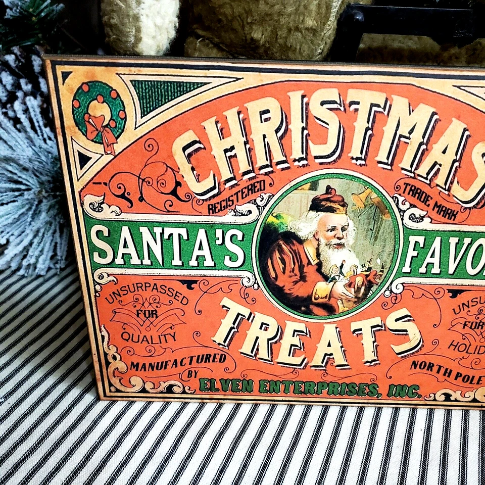OLD RETRO VINTAGE VICTORIAN PRIMITIVE STYLE CHRISTMAS SANTA FAVORITE TREATS SIGN - Image 3 of 4