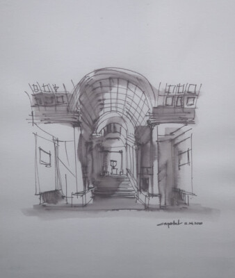 Org l20 Modern Architectural Sketch pen Watercolor Signed Crystal Framed 16 x20 