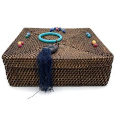 Rare Antique Square Woven Chinese Sewing Basket Blue Peking Glass Tassels Coins
