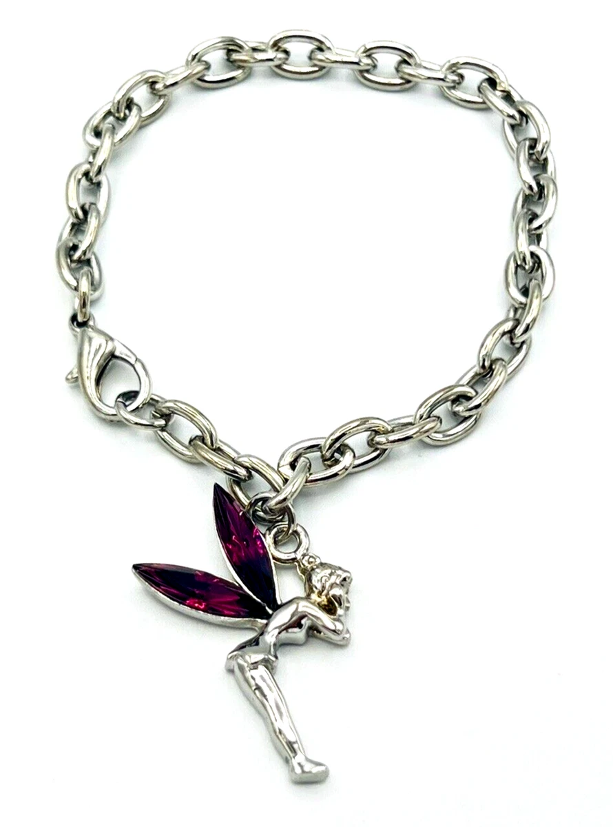 Purple Rhinestone Silver Tone Tinkerbell Fairy Charm Bracelet 7 in