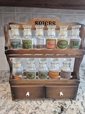 Wood Spice Rack with Drawer Hang Free Wall Mount Stand Apothecary Jars Vintage