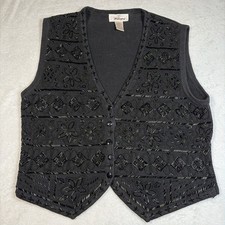 Vintage Y2K Whimsigoth Worthington Black Sequins Beaded Vest Button Fairycore