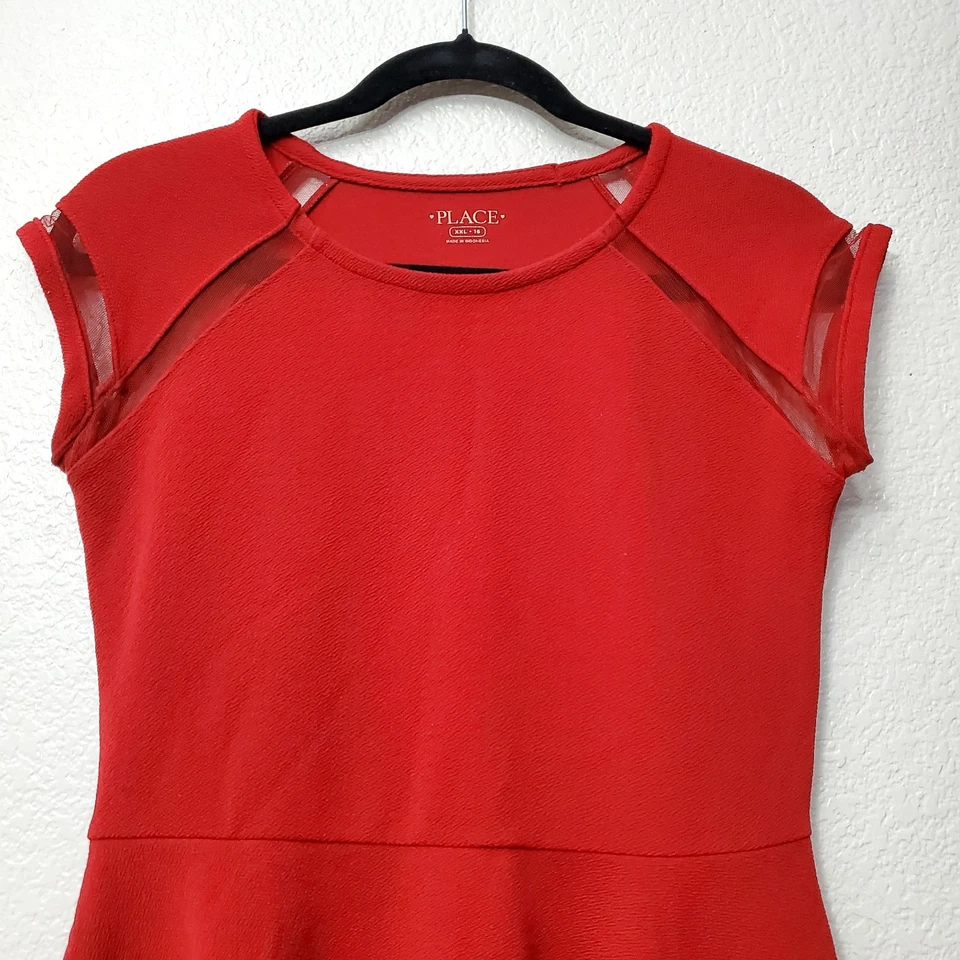 The Children’s Place◇Vestido rojo ajustado y acampanado con detalles de malla◇Talla XXL 16 Foto 2 de 4