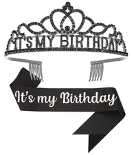 Birthday Tiara and Crown with Sash, for Women Party A-Black 