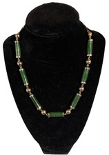 Chinese Natural Nephrite Jade Tubular  Round Goldtone Necklace 16" VTG 1970s