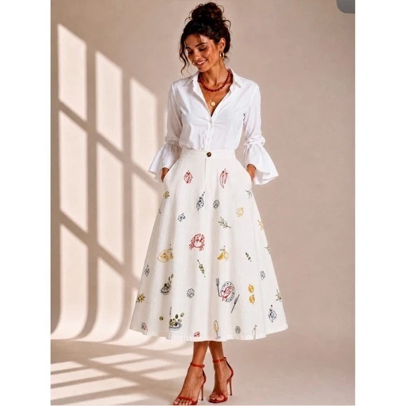 Caroline Constas Embroidered Seafood Midi Skirt White Linen Blend Size 4 NEW