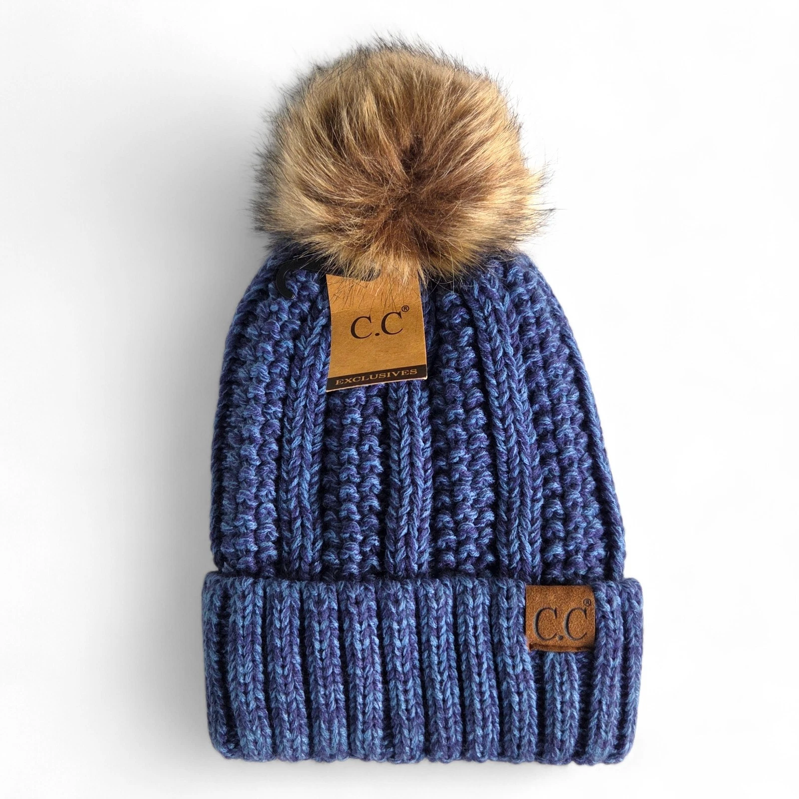 C.C Exclusives Warm Fleece Lined Knit Pom Pom Beanie Stocking Cap Hat Blue NWT