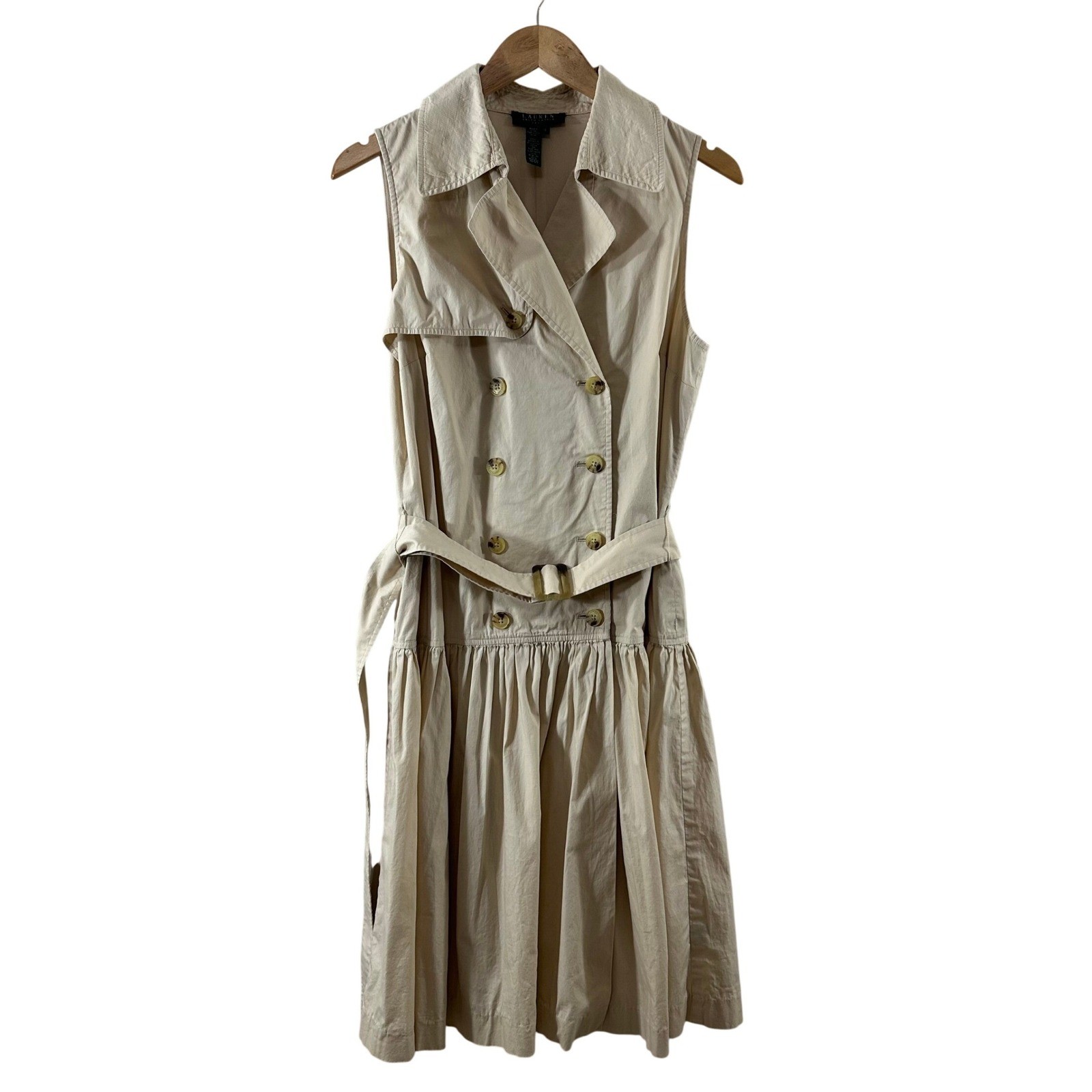 Lauren Ralph Lauren Tan Sleeveless Trench Dress Belted Pleated Khaki Size 12
