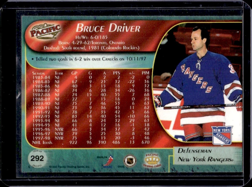 1998-99 Pacific Bruce Driver Red #292 Rangers - Image 2 of 2