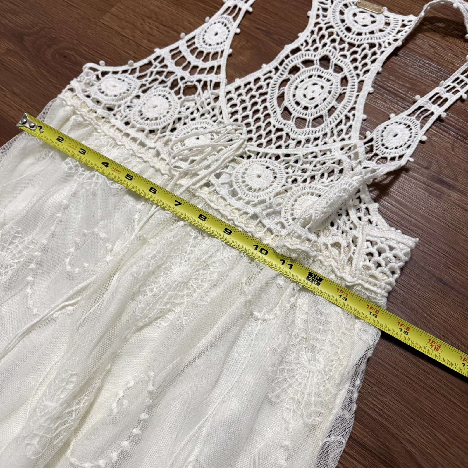 Off White Crochet Beach Cover Up Boho Dress Sleeveless Sheer Lace medium Fairy  thumbnail 6