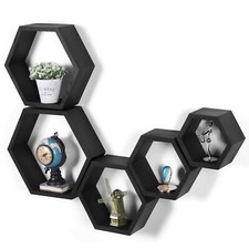 5PCS Wall Mounted Hexagonal Floating Shelves,Wooden Shelves for Home Decor Black