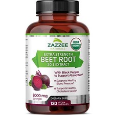 Zazzee Organic Beet Root 8000mg 120 Vegan Capsules Nitric Oxide Support