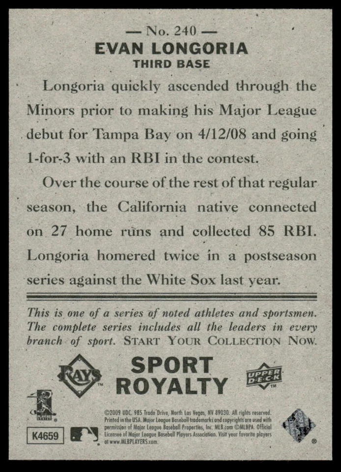 Upper Deck Goudey #240 Evan Longoria 2009 Foto 2 de 2