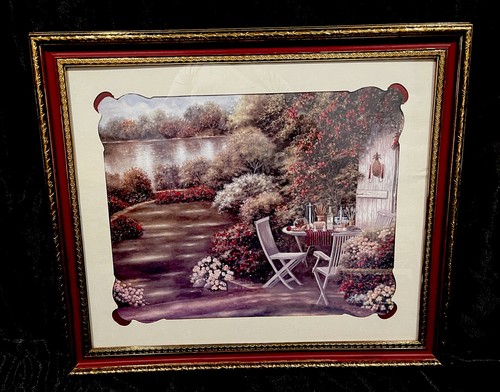 VTG HOMCO HOME INTERIORS GOLD BURGANDY FRAME GARDEN LAKE VICTORIAN PICTURE