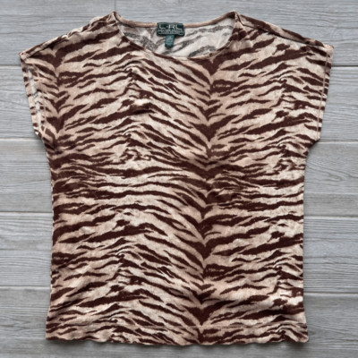 L-RL Lauren Active Ralph Lauren Womens Beige Brown Zebra Print Cap Sleeve Top 1X