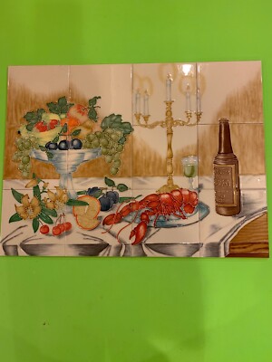 -2D Hand Painted Dinner Table Lobster Fruitbowl  Mural Ceramic Tile Backsplash
