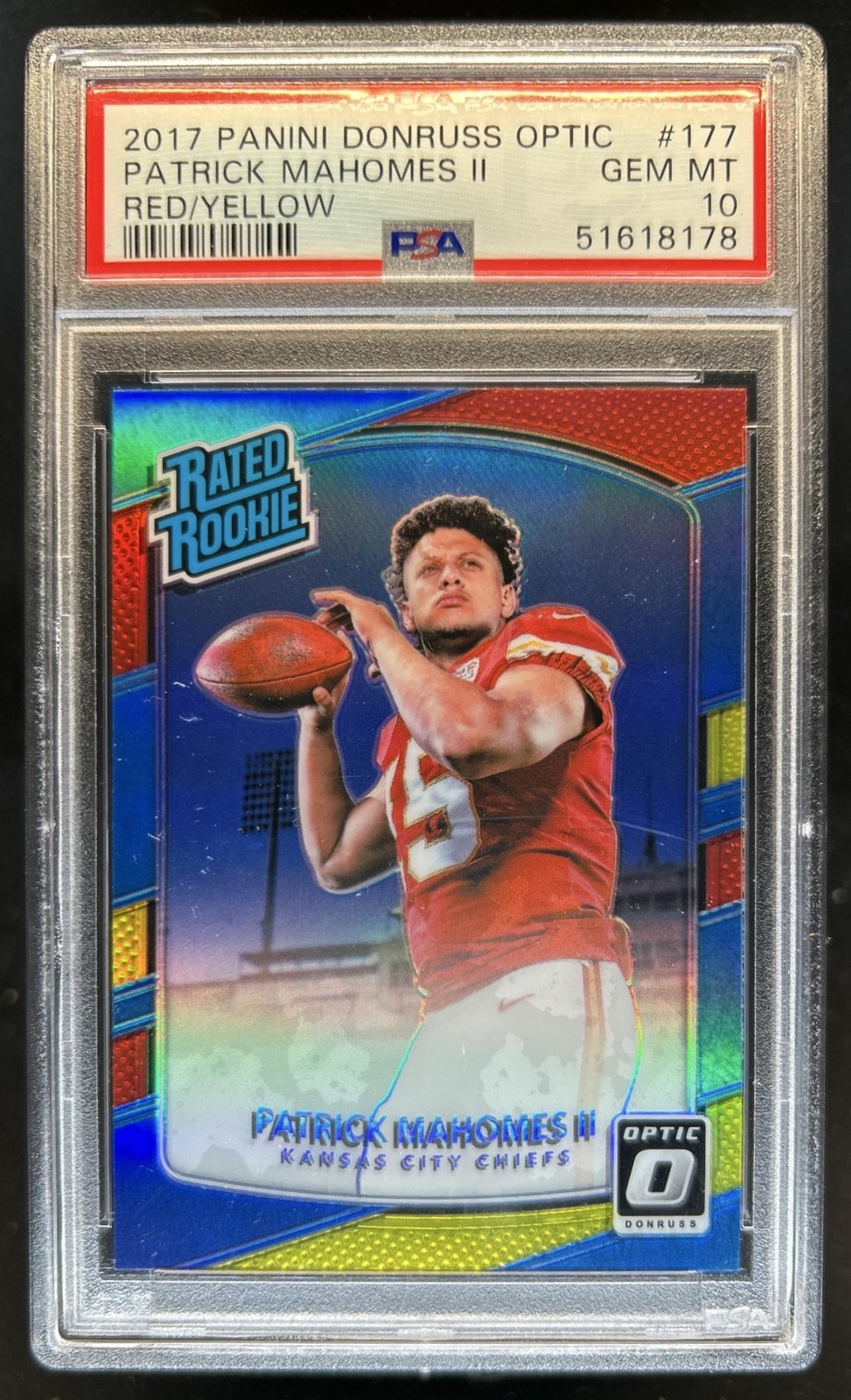 2017 Donruss Optic Patrick Mahomes II Red and Yellow RC Rated Rookie #177 PSA 10