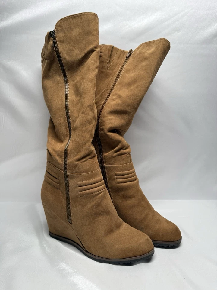 Nicole Women’s Knee High Wedge Boots Faux Suede Side Zip Tan Brown S8 - Image 3 of 4